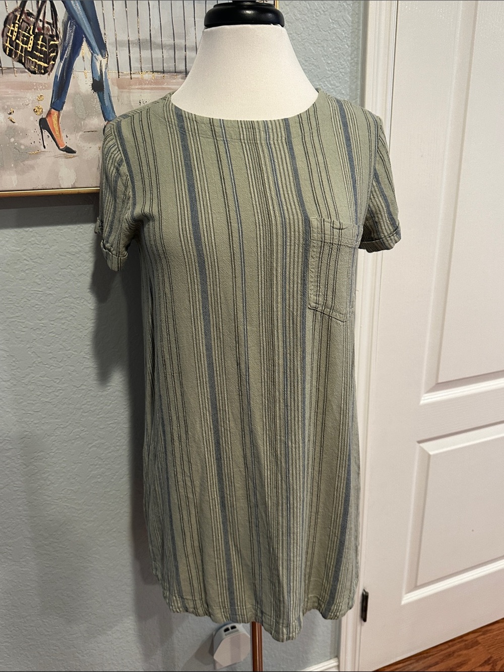 cloth & stone Sz XS Striped Mini Dress in Sage and Navy